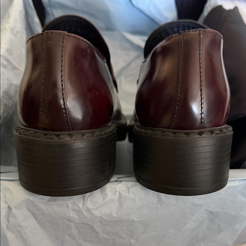 Prada Women's Triangle Logo Loafers Spazzolato Leather Dark Burgundy - Picture 3 of 12